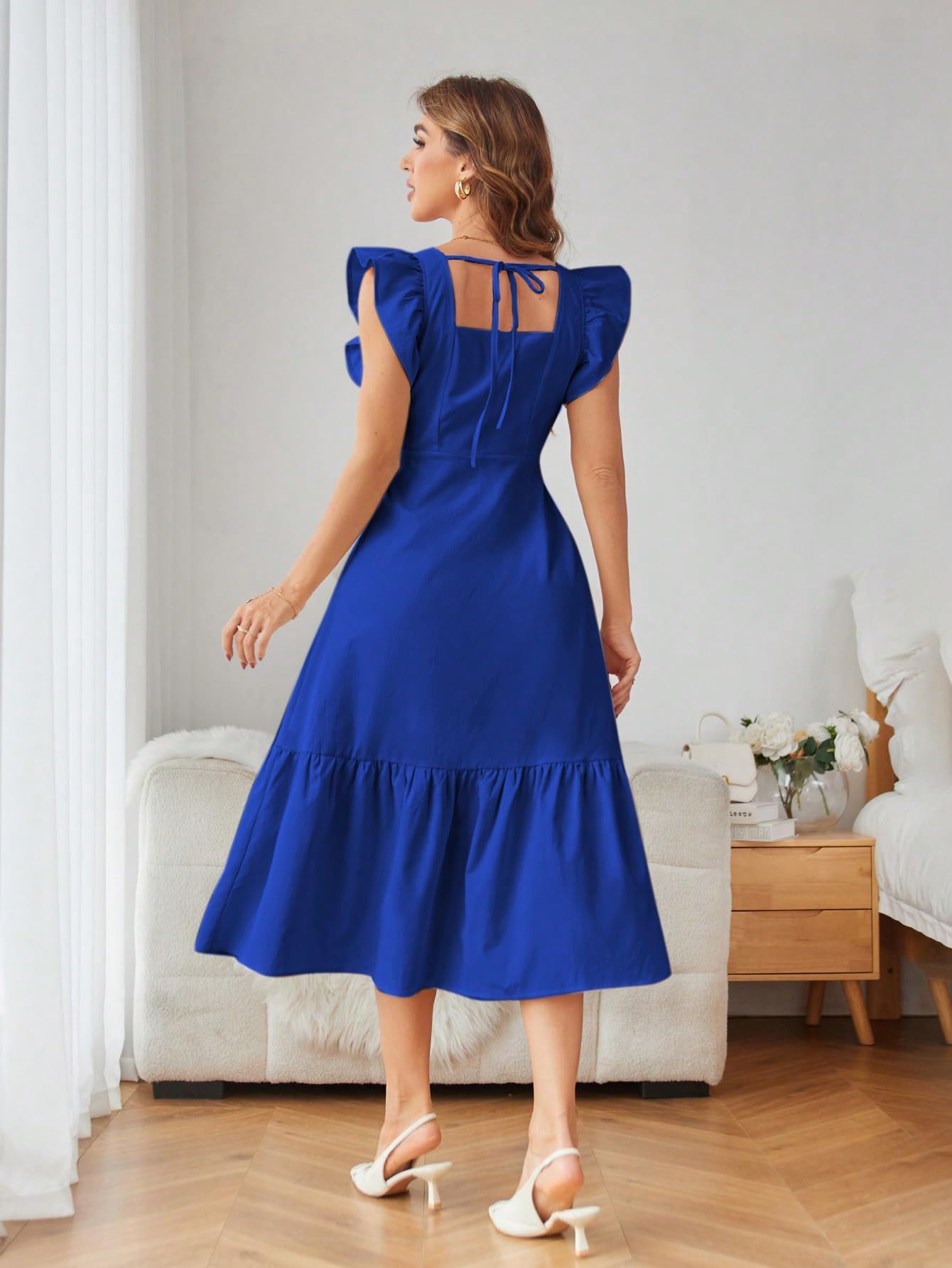 Royal Blue-Solid Color Square Neck, Ruffle-Trimmed Hem Sleeveless, Ruffle Armhole and Casual Dress - Image 3