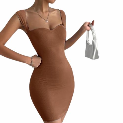 Brown Solid Sweetheart Neck Short Sleeves Ribbed Mini Bodycon Dress for Women - Image 3