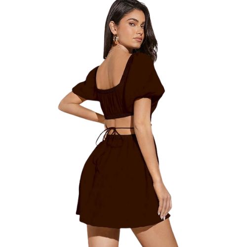 Brown Women's Fit And Flare Solid  Beach Square Neck Puff Sleeve Cut Out Waist Mini Dress - Image 3