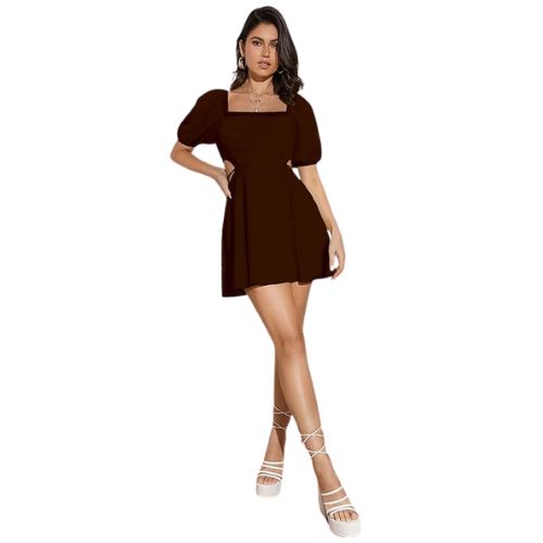 Brown Women's Fit And Flare Solid Beach Square Neck Puff Sleeve Cut Out Waist Mini Dress