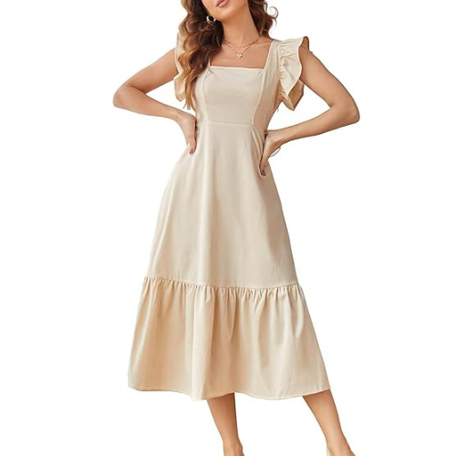 Beige Solid Color Square Neck, Ruffle-Trimmed Hem Sleeveless, Ruffle Armhole and Casual Dress