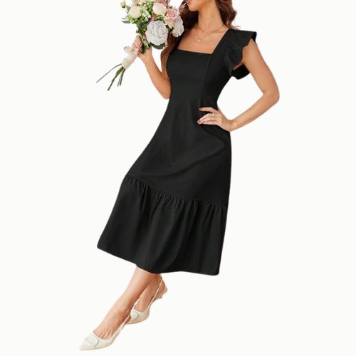 Black Solid Color Square Neck, Ruffle-Trimmed Hem Sleeveless, Ruffle Armhole and Casual Dress - Image 4