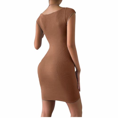 Brown Solid Sweetheart Neck Short Sleeves Ribbed Mini Bodycon Dress for Women - Image 2