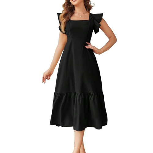 Black Solid Color Square Neck, Ruffle-Trimmed Hem Sleeveless, Ruffle Armhole and Casual Dress