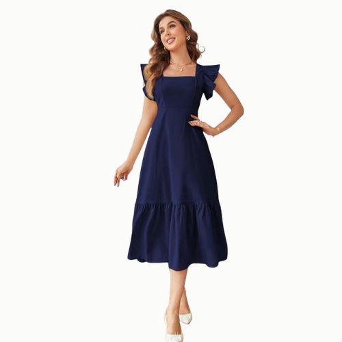 Navy Blue-Solid Color Square Neck, Ruffle-Trimmed Hem Sleeveless, Ruffle Armhole and Casual Dress