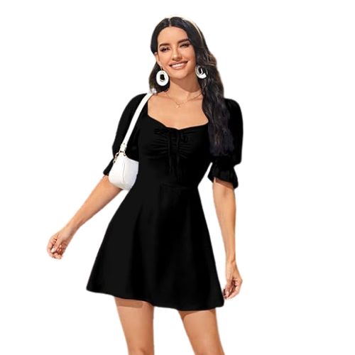Black Women's & Girls' Black Solid Ruched Detail A-line Mini Dress - Image 4