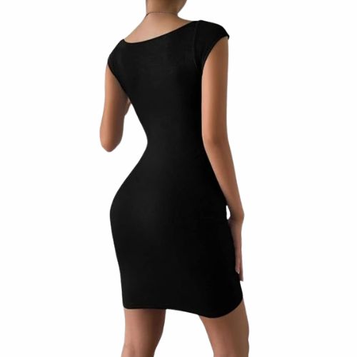Black Solid Sweetheart Neck Short Sleeves Ribbed Mini Bodycon Dress for Women - Image 2