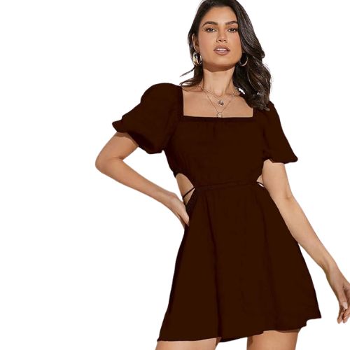 Brown Women's Fit And Flare Solid  Beach Square Neck Puff Sleeve Cut Out Waist Mini Dress - Image 4