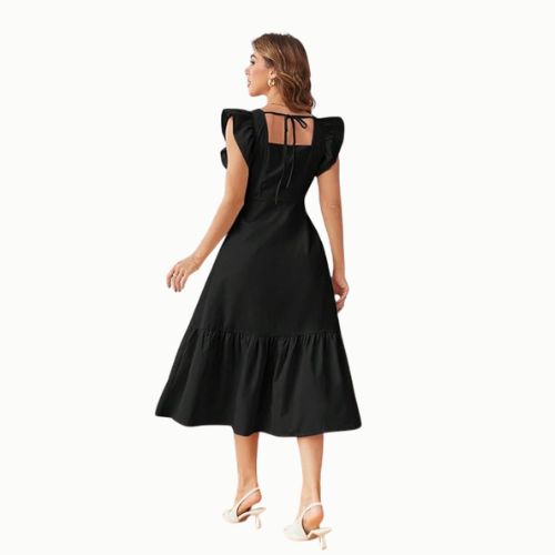Black Solid Color Square Neck, Ruffle-Trimmed Hem Sleeveless, Ruffle Armhole and Casual Dress - Image 3