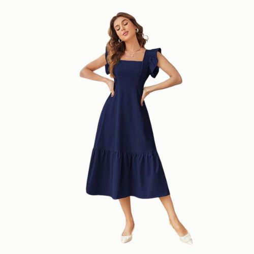 Navy Blue-Solid Color Square Neck, Ruffle-Trimmed Hem Sleeveless, Ruffle Armhole and Casual Dress - Image 3