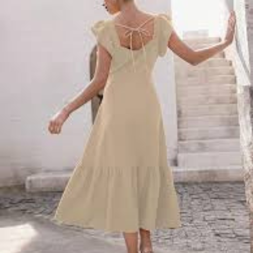 Beige Solid Color Square Neck, Ruffle-Trimmed Hem Sleeveless, Ruffle Armhole and Casual Dress - Image 3