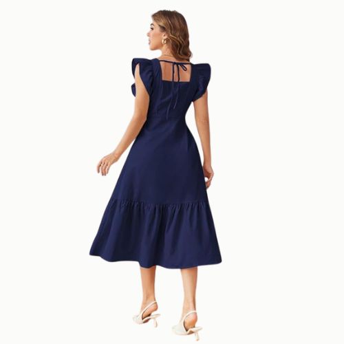 Navy Blue-Solid Color Square Neck, Ruffle-Trimmed Hem Sleeveless, Ruffle Armhole and Casual Dress - Image 2