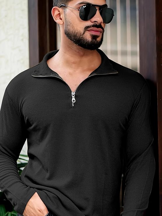 Men's Polyester Blend T Shirt with Spread Collar Neck Line Zipper Closure Full Sleeves Solid Pattern Regular Fit and Standard Length - Image 2