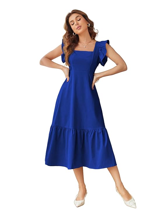 Royal Blue-Solid Color Square Neck, Ruffle-Trimmed Hem Sleeveless, Ruffle Armhole and Casual Dress