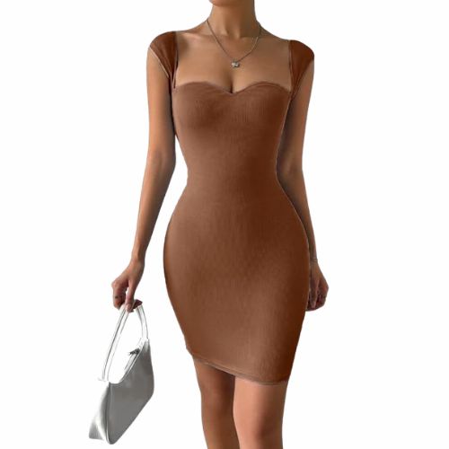 Brown Solid Sweetheart Neck Short Sleeves Ribbed Mini Bodycon Dress for Women