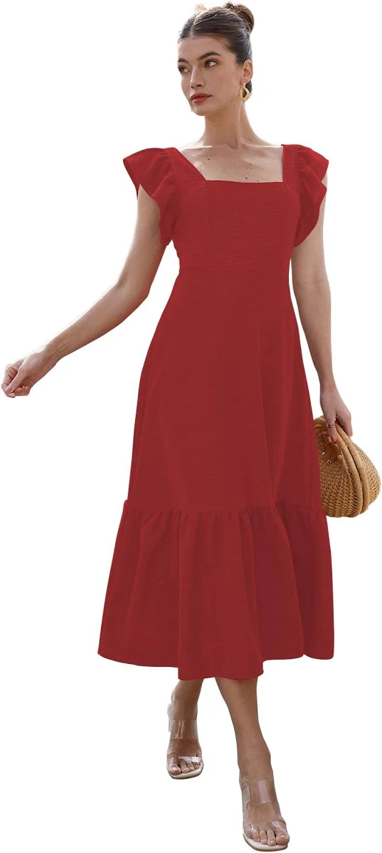 Red-Solid Color Square Neck, Ruffle-Trimmed Hem Sleeveless, Ruffle Armhole and Casual Dress