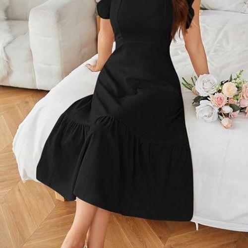 Black Solid Color Square Neck, Ruffle-Trimmed Hem Sleeveless, Ruffle Armhole and Casual Dress - Image 2