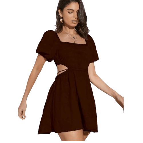 Brown Women's Fit And Flare Solid  Beach Square Neck Puff Sleeve Cut Out Waist Mini Dress - Image 2