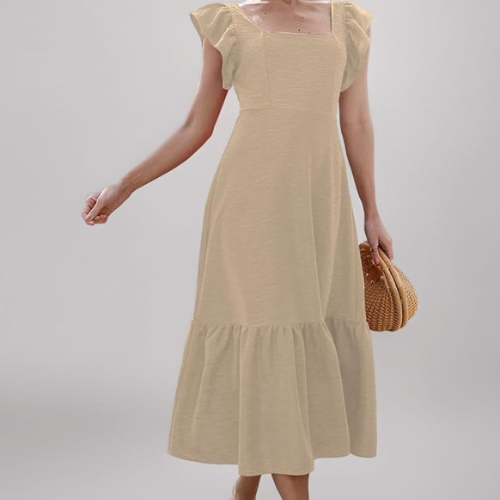 Beige Solid Color Square Neck, Ruffle-Trimmed Hem Sleeveless, Ruffle Armhole and Casual Dress - Image 2