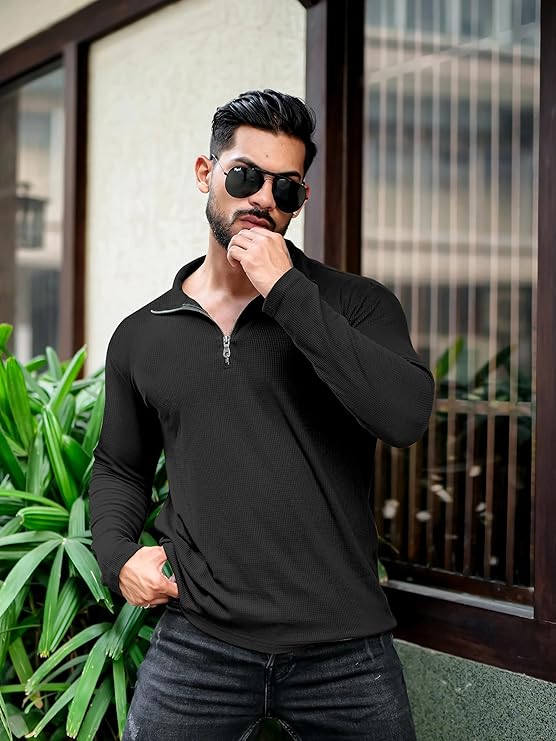 Men's Polyester Blend T Shirt with Spread Collar Neck Line Zipper Closure Full Sleeves Solid Pattern Regular Fit and Standard Length - Image 3