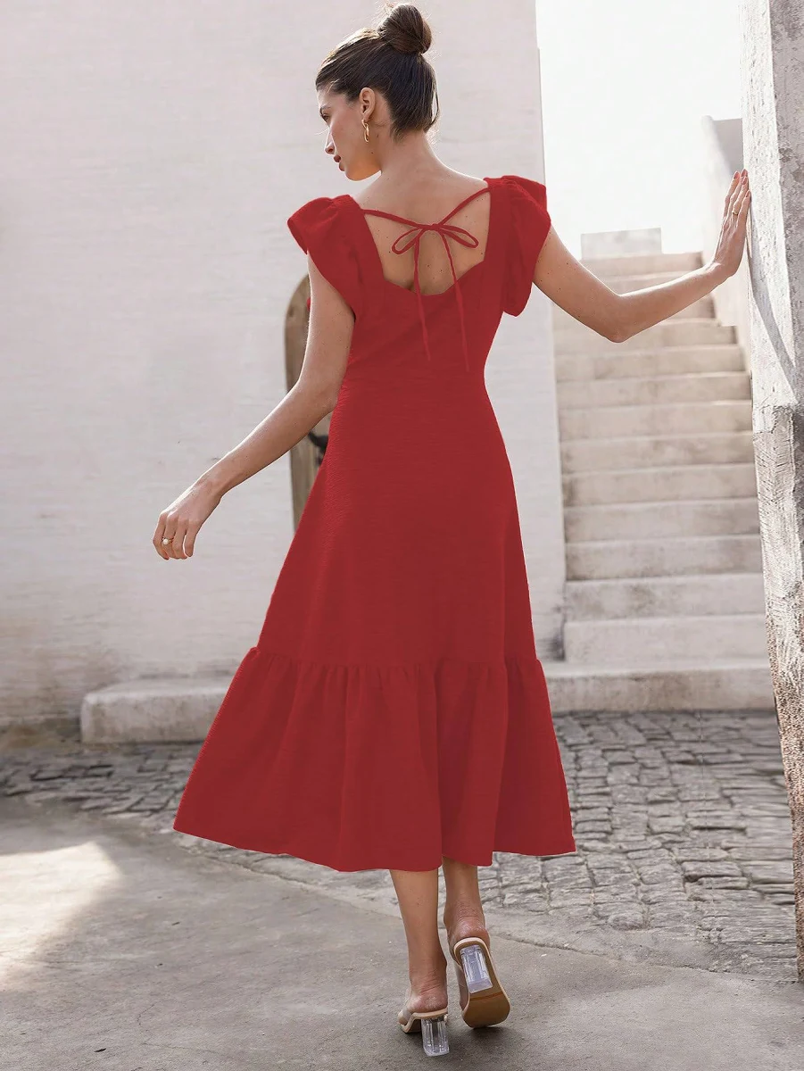 Red-Solid Color Square Neck, Ruffle-Trimmed Hem Sleeveless, Ruffle Armhole and Casual Dress - Image 2