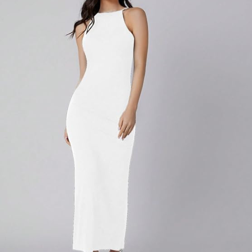 Airforce White Solid Halter Neck Solid Bodycon Midi Dress for Women's & Girl's