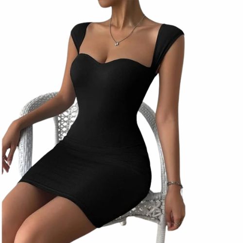 Black Solid Sweetheart Neck Short Sleeves Ribbed Mini Bodycon Dress for Women - Image 4