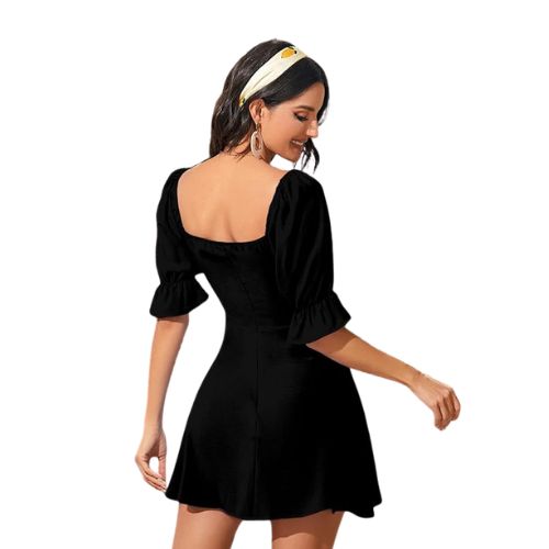 Black Women's & Girls' Black Solid Ruched Detail A-line Mini Dress - Image 2