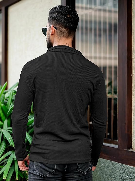 Men's Polyester Blend T Shirt with Spread Collar Neck Line Zipper Closure Full Sleeves Solid Pattern Regular Fit and Standard Length - Image 4