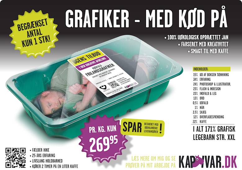 Kreativ jobansøgning, hvor grafikeren har photoshoppet sig selv ned i en vakuumlukket købebakke
