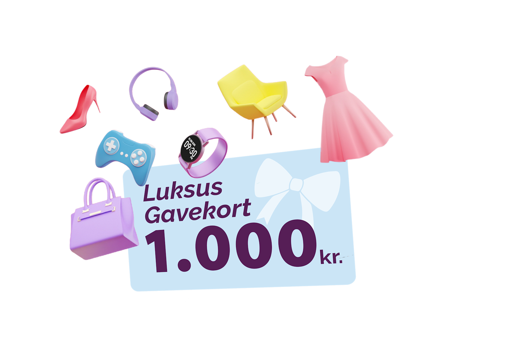 Illustration af gavekort med eksempler på tøj, elektronik og andet man kan bruge gavekortet til