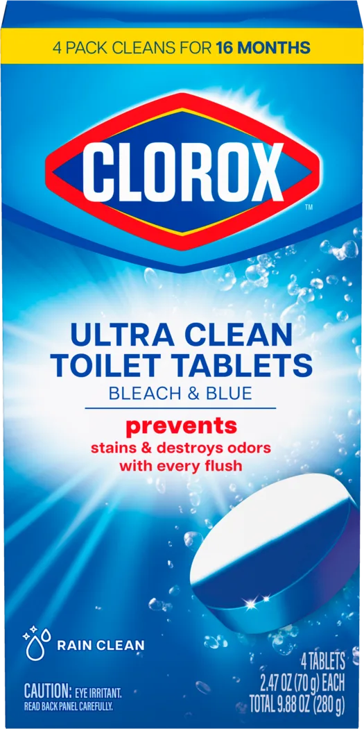 Caja azul de tabletas limpiadoras de inodoro Clorox con logo prominente y diseño brillante impreso en el empaque.