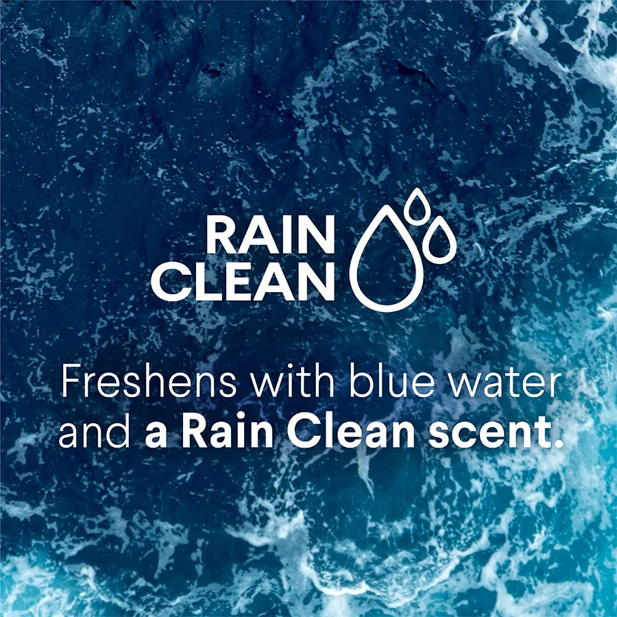 Rain Clean, freshens with blue water and a rain clean scent: blue water background