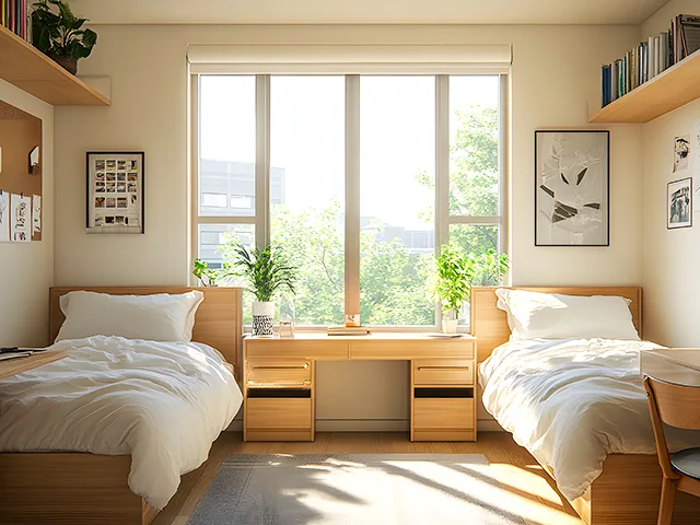 Habitación de dormitorio con dos camas individuales y estantes de libros a cada lado, con vista a una ventana grande con árboles y sombras de la tarde.