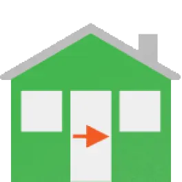 illustration of a house with an arrow on the front door indicating the exit