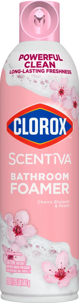 Canister of Clorox Scentiva Bathroom Foamer in Cherry Blossom & Peach scent