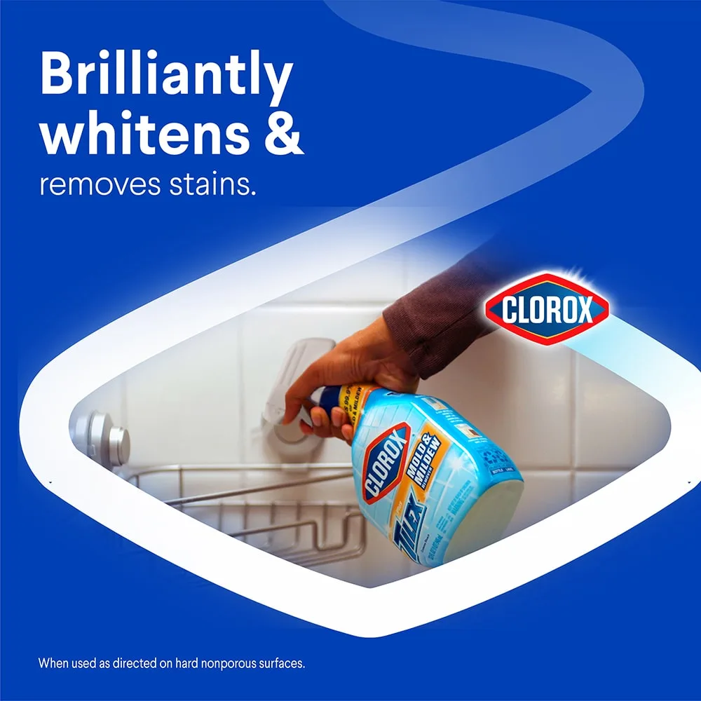 Hand spraying Tilex Mold & Mildew Remover in a bath surrounded by blue background a white chevron, the words brillianly whitens