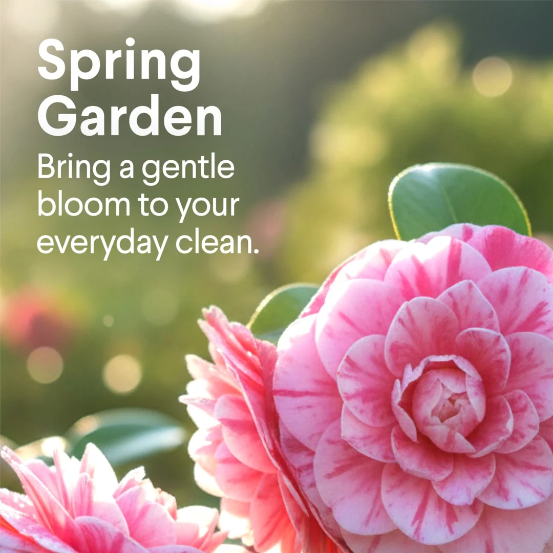 Un primer plano de una flor rosa en un jardín con las palabras "Jardín en primavera: dale un toque suave a tu limpieza de primavera."