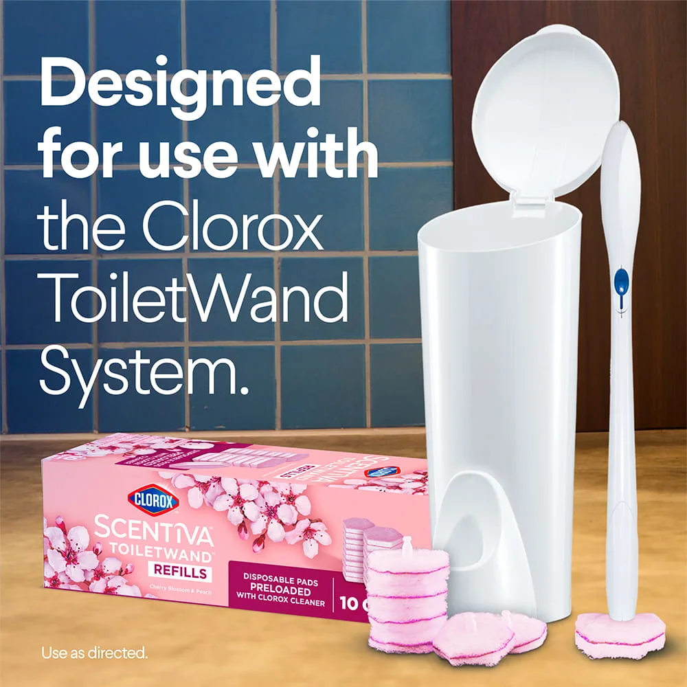 Un ToiletWand y una caja de repuestos Scentiva Cherry Blossom y las palabras Diseñado para usar con el sistema ToiletWand de Clorox