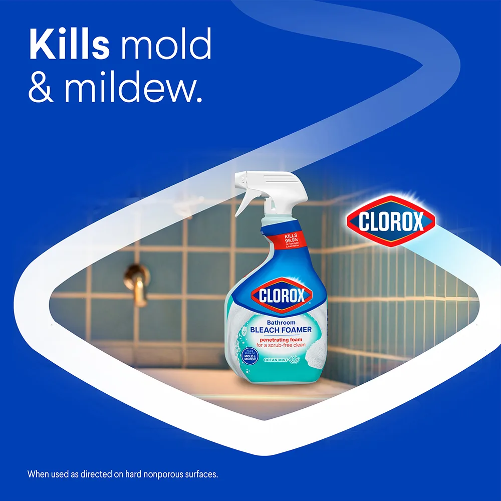 Kills 99.9% of mold & mildew, Bleach Foamer on the edge of a bathtub, blue background with white chevron