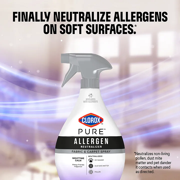 Finally Neutralize Allergens on Soft Surfaces: a bottle of PURE Allergen Fabric spray with a green swoosh of light in the background