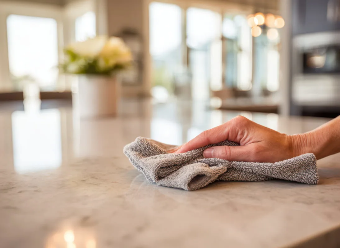 Hand wiping kitchen counter with gray microfiber cloth in bright modern kitchen with blurred background