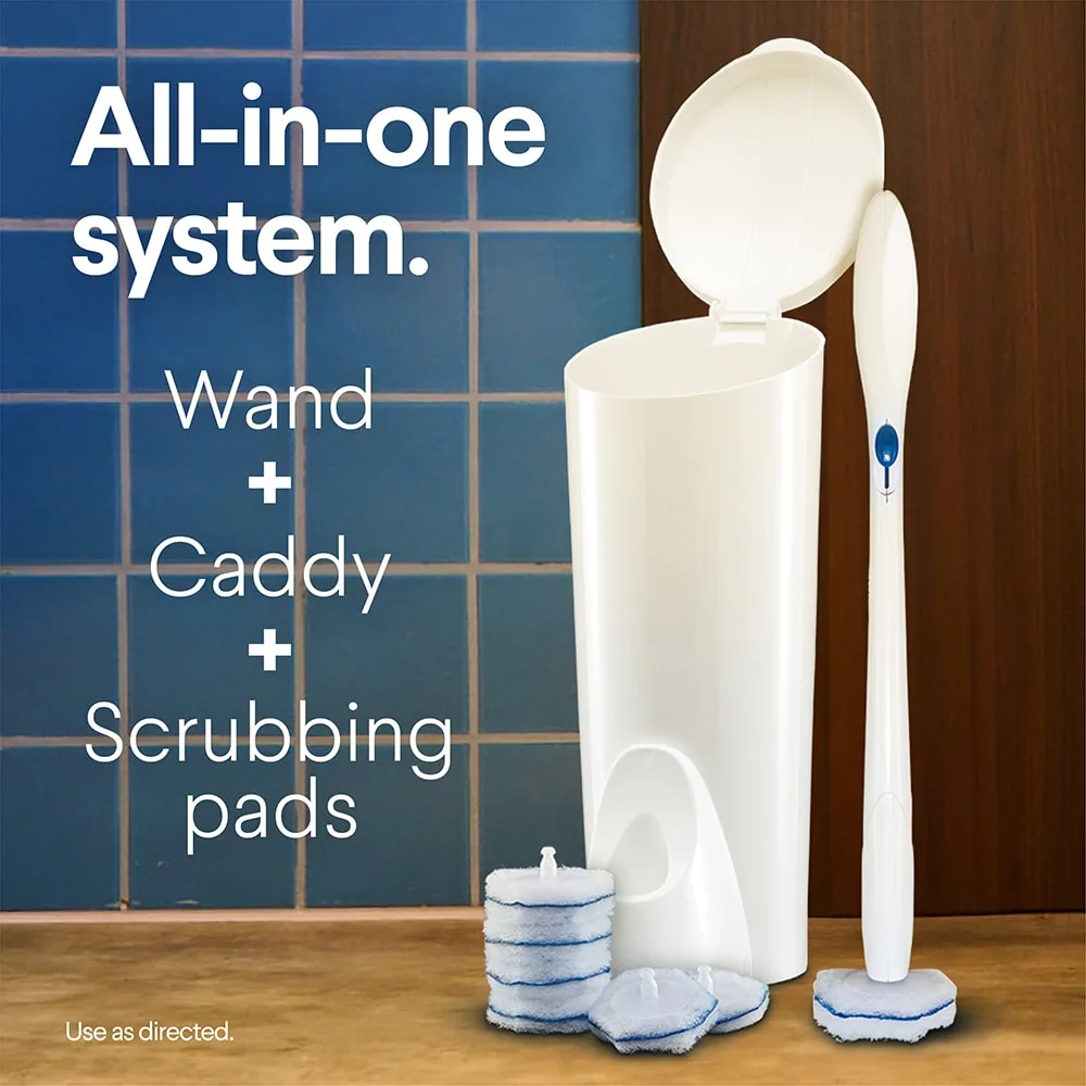 All-in-one system: Wand + Scrubbing pads + Caddy
