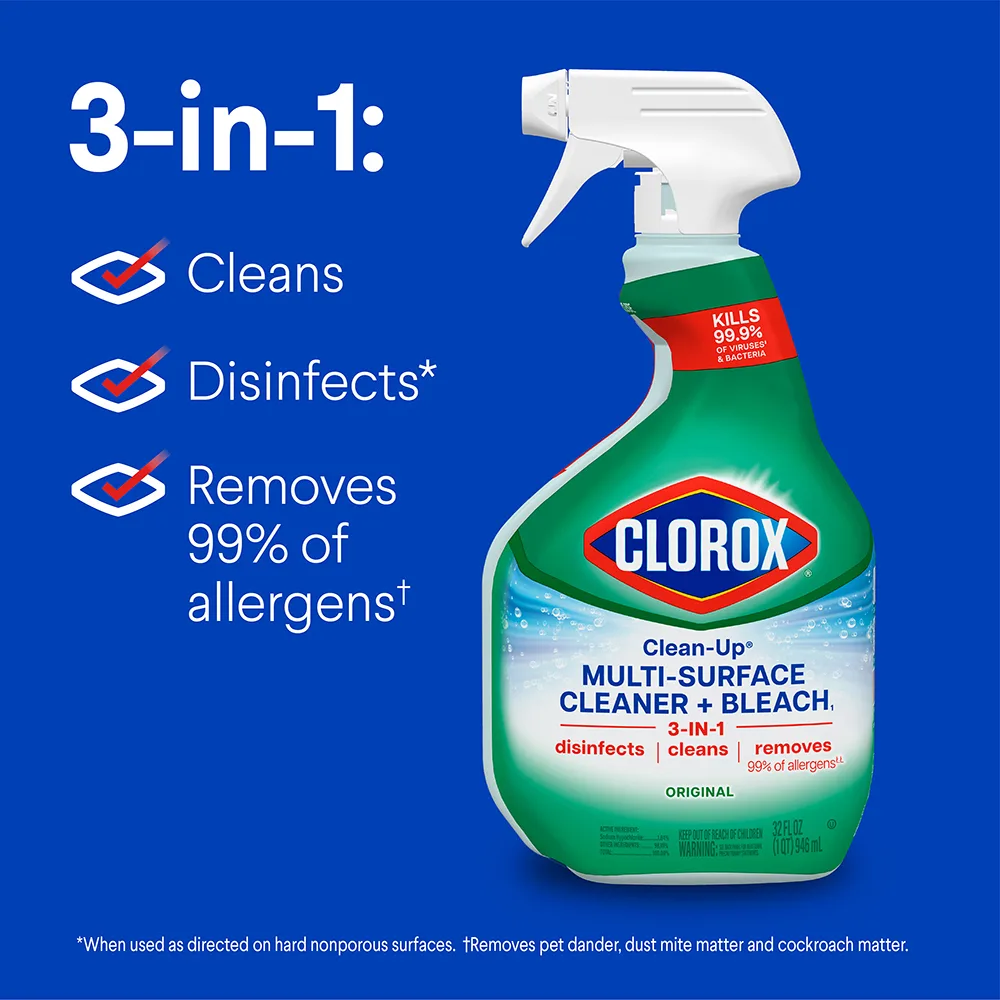 Spray bottle of Clorox Clean-Up Cleaner, 3 in 1, cleans, disinfects, removes 99% of allergens.
