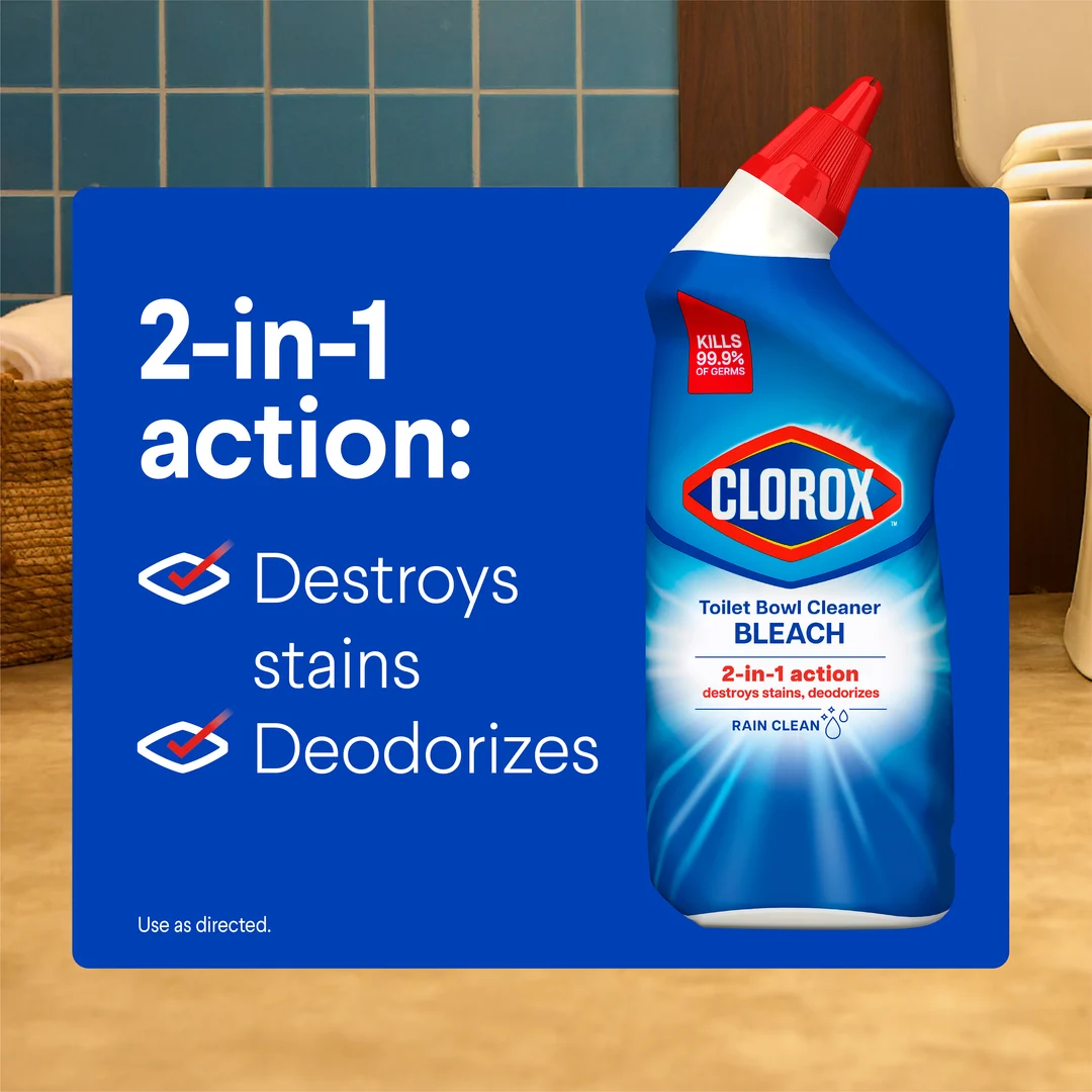 Squirt bottle of Clorox Bleach Toilet Bowl Cleaner Rain Clean, 2-in-1 action: destroys & deodorizes.