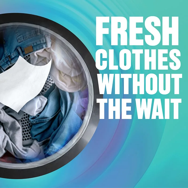 The words "Fresh Clothes without the wait" on a blue gradient background next to a dryer with clothes inside.