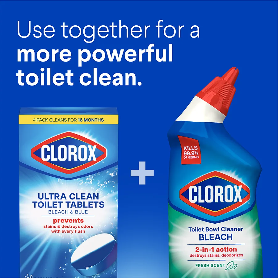 Use together for a more powerful toilet clean: Bleach & Blue tablets + manual toilet bowl cleaner