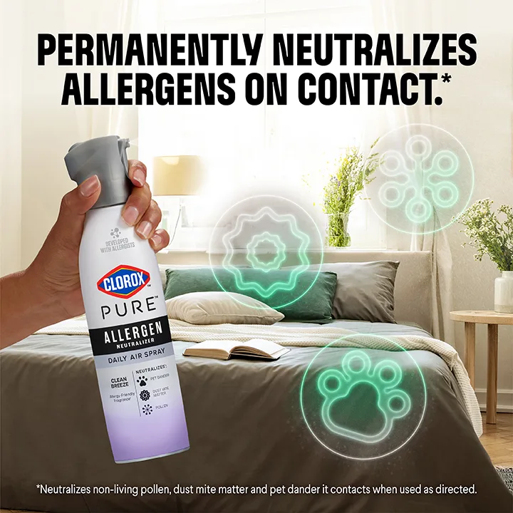 Permanently neutralizes allergens on contact: PURE Allergen Spray bottle with illustrated allergens floating around a living room