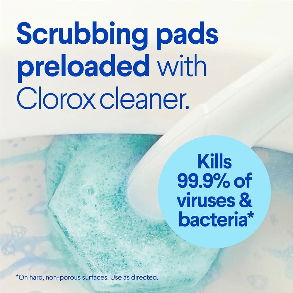 Scrubbing pads preloaded with Clorox cleanser, ToiletWand head with soap suds around it
