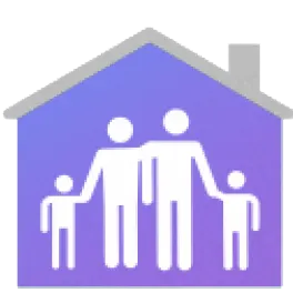 illustration of figures of people against a purple house